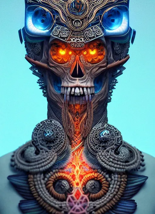 Image similar to 3 d shaman with tattoos profile portrait, sigma 5 0 0 mm f / 5. beautiful intricate highly detailed quetzalcoatl skull and feathers. bioluminescent, plasma, lava, ice, water, wind, creature, thunderstorm! artwork by tooth wu and wlop and beeple and greg rutkowski, 8 k trending on artstation,