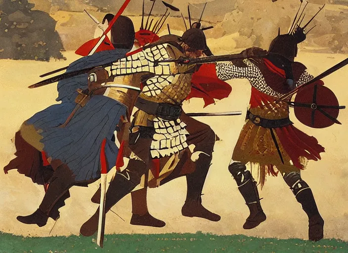 Image similar to dynamic combat scene between a Byzantine medieval warrior and a Turkish medieval warrior, by Angus McBride.