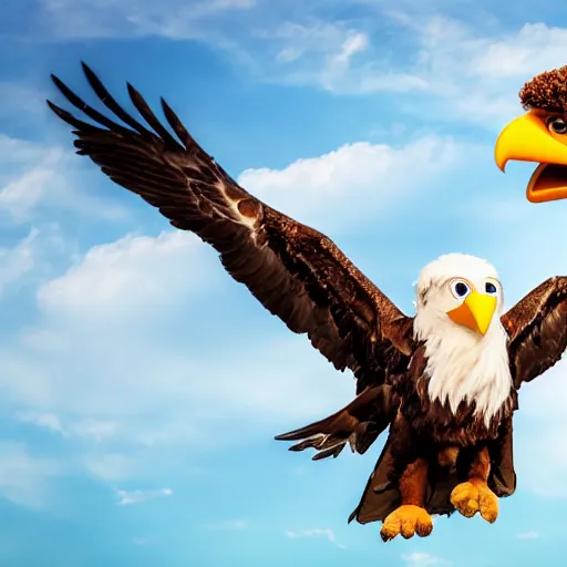 Image similar to cinematic photo of a giant eagle carrying away a person in a mascot costume, camera is looking up at the subject in the sky with fancy clouds behind