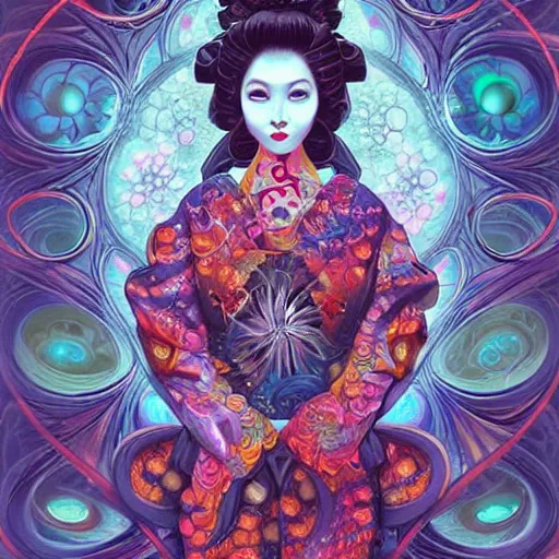 Prompt: a portrait of a geisha, surrounded by fractals, mandalas, cherry blossoms, hadron collider technology, metal gears, swirling bioluminescent energy, art by peter mohrbacher and dan mumford