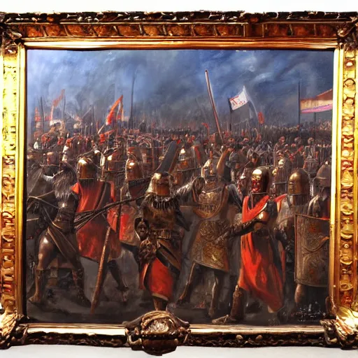 Prompt: Roman legions siege Berlin, oil painting, art, dramatic lights