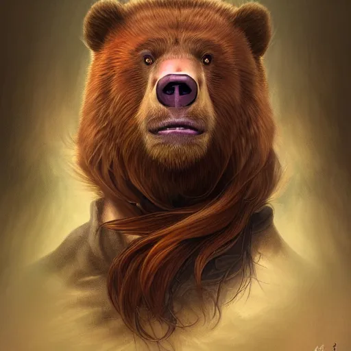 Prompt: portrait of a man - bear - pig, male, handsome, masculine, full body, red hair, long hair, soft hair, fantasy, intricate, elegant, highly detailed, steampunk, airship, digital painting, artstation, concept art, character art, smooth, sharp focus, illustration, art by artgerm and greg rutkowski and alphonse mucha