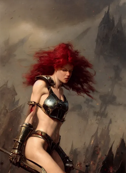 Prompt: red short haired muscular woman wearing basic black medieval armour, detailed by gaston bussiere, bayard wu, greg rutkowski, giger, maxim verehin, greg rutkowski, masterpiece, sharp focus, cinematic lightning