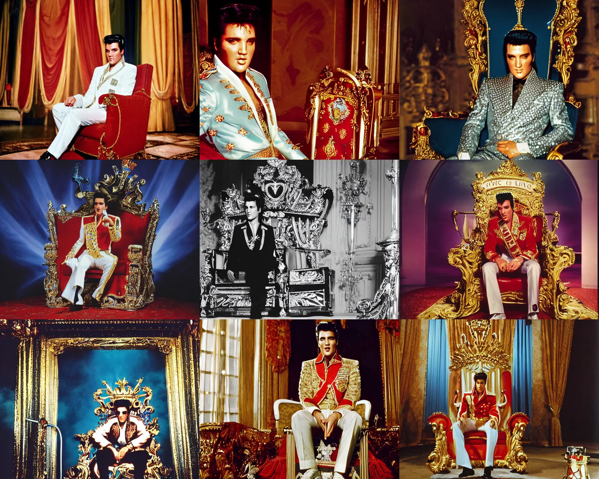 Prompt: sharp, highly detailed, color film of elvis as king of the world, sitting on his throne in his castle, atmospheric lighting, in focus, reflective eyes, 3 5 mm macro lens, live action, nice composition