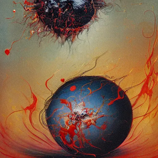 Image similar to a sphere being devoured by abstract splatters of paint in the style of francis bacon, venus being engulfed in flames in the style of james jean, surreal, beksinski, high detailed