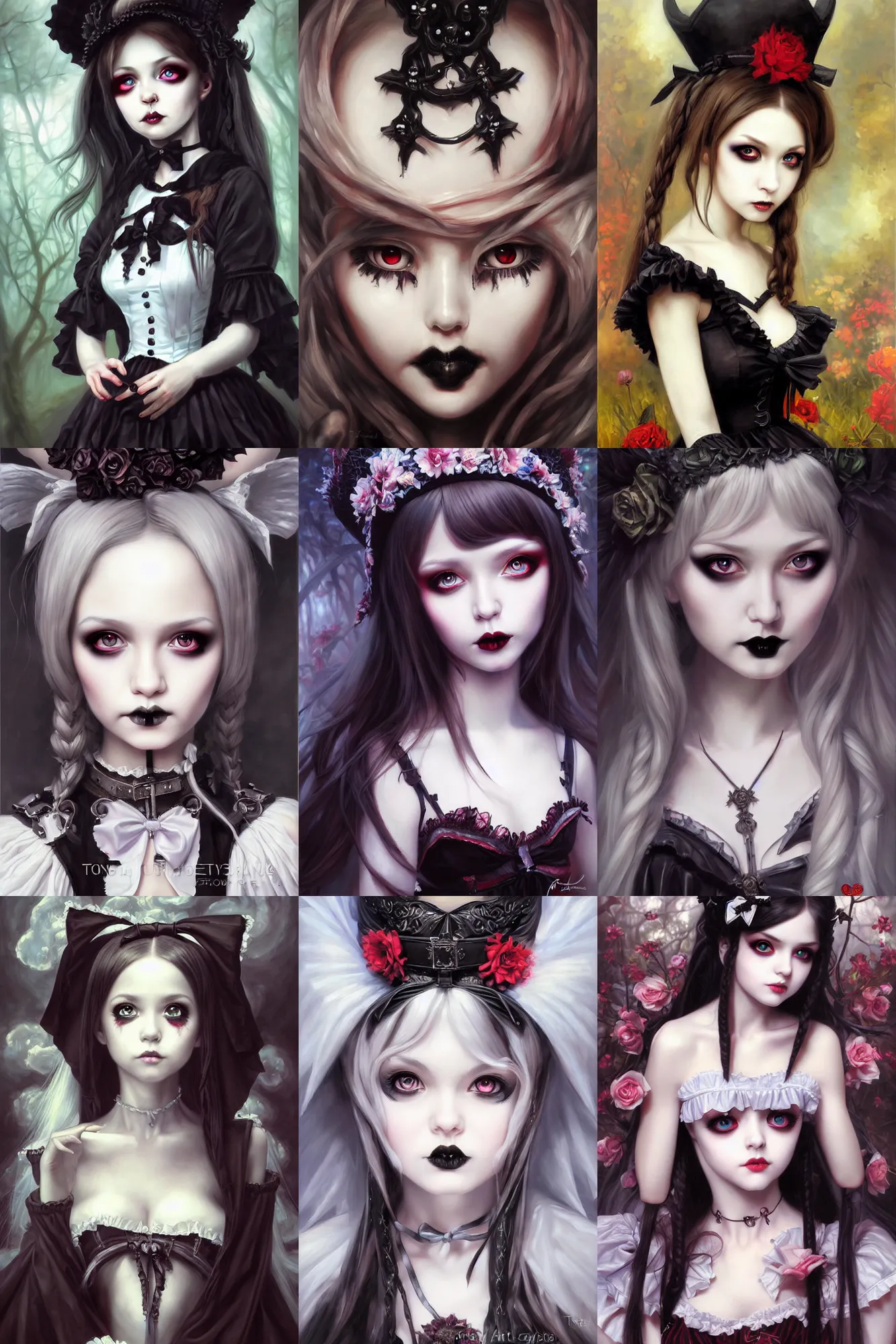 Prompt: gothic lolita, oil on canvas, masterpiece, hi - fructose, by tony sart and artgerm, tranding on pxiv, highly detailed face, clear eyes