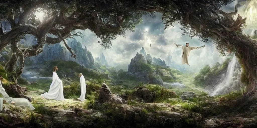 Prompt: a fantasy landscape with white beautiful trees and jesus in heaven, perfect faces, jesus, jesus, tom cruise