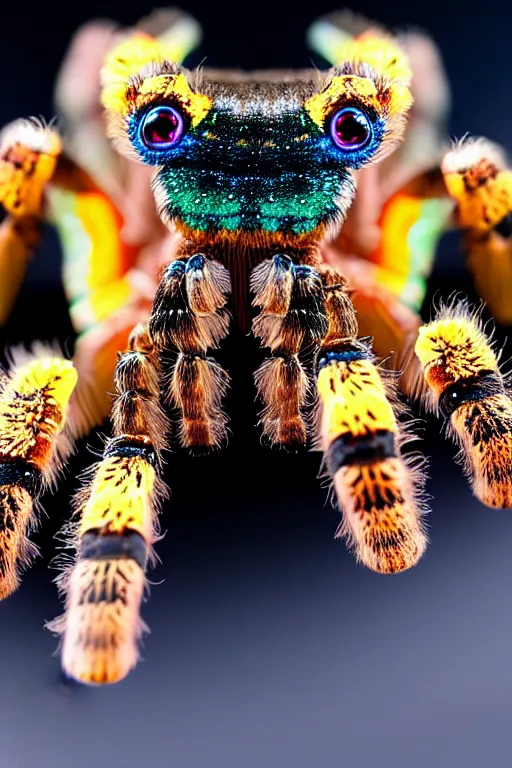 Image similar to high quality macro photo iridescent tarantula! jewelled supercute! highly detailed david ligare elson peter cinematic blue neon lighting high quality low angle hd 8k sharp shallow depth of field
