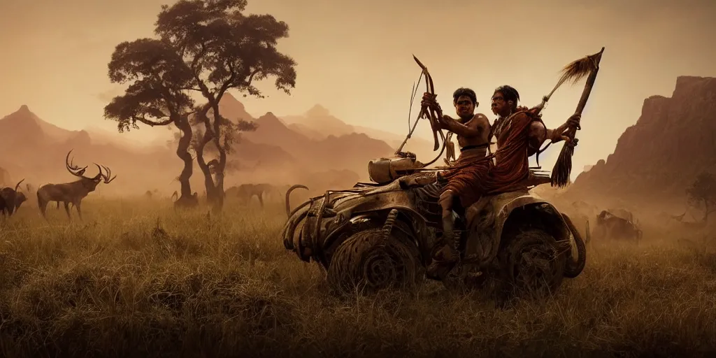 Prompt: photorealistic high speed photo ancient indian tribesman hunting on atv, chase of buffalo herd ,attacking, action scene, an epic fantasy, dramatic lighting, cinematic, establishing shot, extremely high detail, photorealistic, cinematic lighting, artstation, octane render, by simon stalenhag, horizon forbidden west,old photo, high speed photography, vintage, mad max