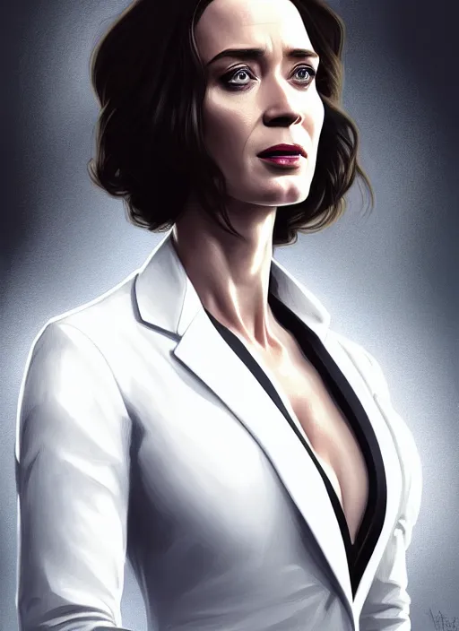 Image similar to portrait of emily blunt as business woman, black suit, white shirt, black tie, intricate, headshot, highly detailed, digital painting, artstation, concept art, sharp focus, cinematic lighting, illustration, art by artgerm and greg rutkowski, alphonse mucha, cgsociety