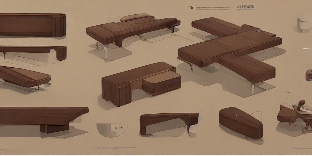 Image similar to furniture design art deco, design sheet, Moebius, Greg Rutkowski, Zabrocki, Karlkka, Jayison Devadas, Phuoc Quan, trending on Artstation, 8K, ultra wide angle, zenith view, pincushion lens effect