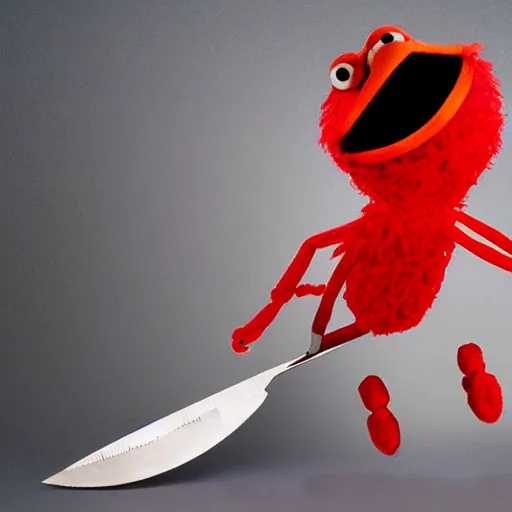 Prompt: elmo holding a bloody knife, forced perspective, as seen by an ant, tv still