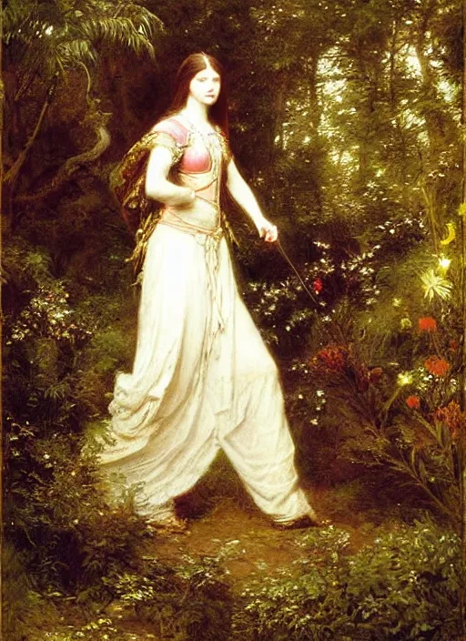 Prompt: woman in dark princess dragon armor, walking on the mystical garden, portrait. by william henry hunt