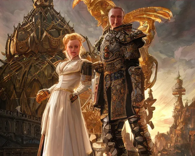 Image similar to liz truss dressed in armor standing next to a giant putin, vivid eyes, real life skin, intricate, elegant, highly detailed, artstation, concept art, smooth, sharp focus, art by artgerm and greg rutkowski and alphonse mucha