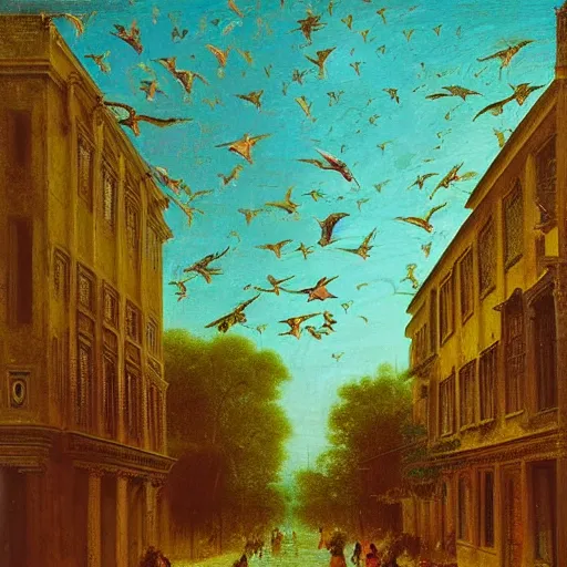 Image similar to dense flock of jewel - colored hummingbirds with milky eyes in a renaissance architecture city street at night with rainforest greenery, hudson river school style