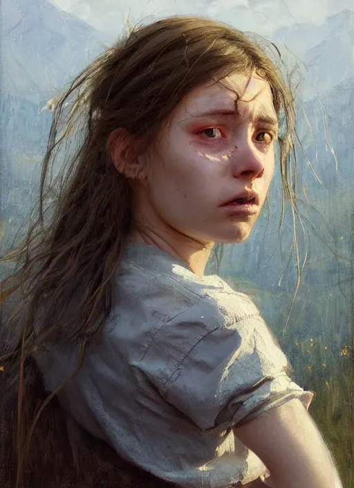 Image similar to portrait of very sad vilage girl, pain, cry, suffering, countryside, fantasy character portrait, dynamic pose, above view, view from above, sunny day, thunder clouds in the sky, artwork by Jeremy Lipkin and Giuseppe Dangelico Pino and Michael Garmash and rob rey, very coherent symmetrical artwork, perfect face, simple form, 100mm