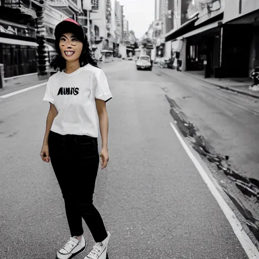 Prompt: street photography, asian woman wearing a black baseball cap and a white t shirt and high waisted mom jeans and white sneakers