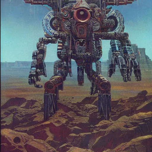 Image similar to elaborate mayan art deco mecha in mesa landscape by j. c. leyendecker, bosch, and beksinski