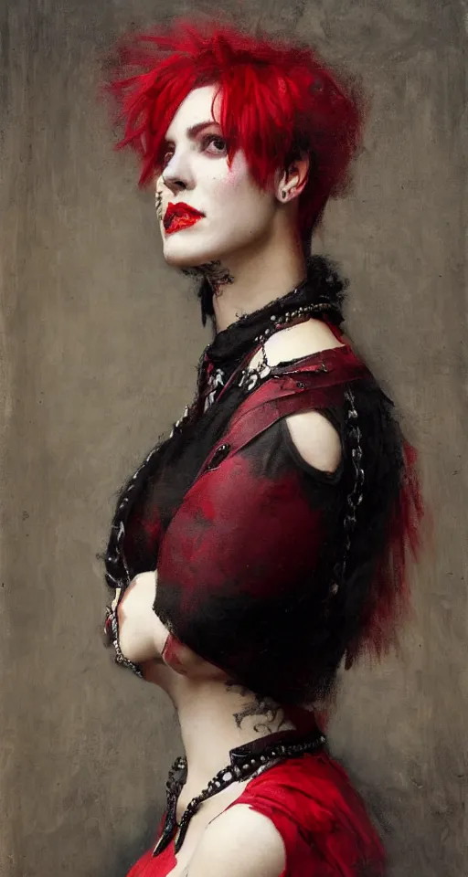 Image similar to Solomon Joseph Solomon and Richard Schmid and Jeremy Lipking victorian genre painting portrait painting of a young beautiful woman punk rock goth with punk rock haircut in fantasy costume, red background