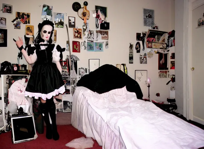 Image similar to goth girl in a maid outfit, cluttered bedroom, 2 0 0 6