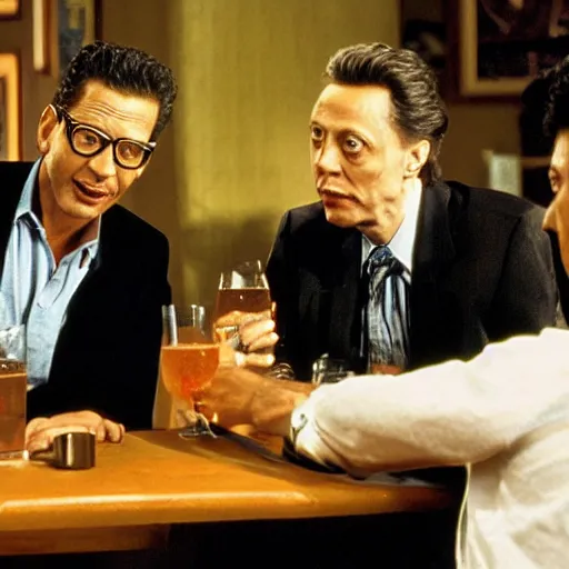 Image similar to jeff goldblum having a drink with christopher walken