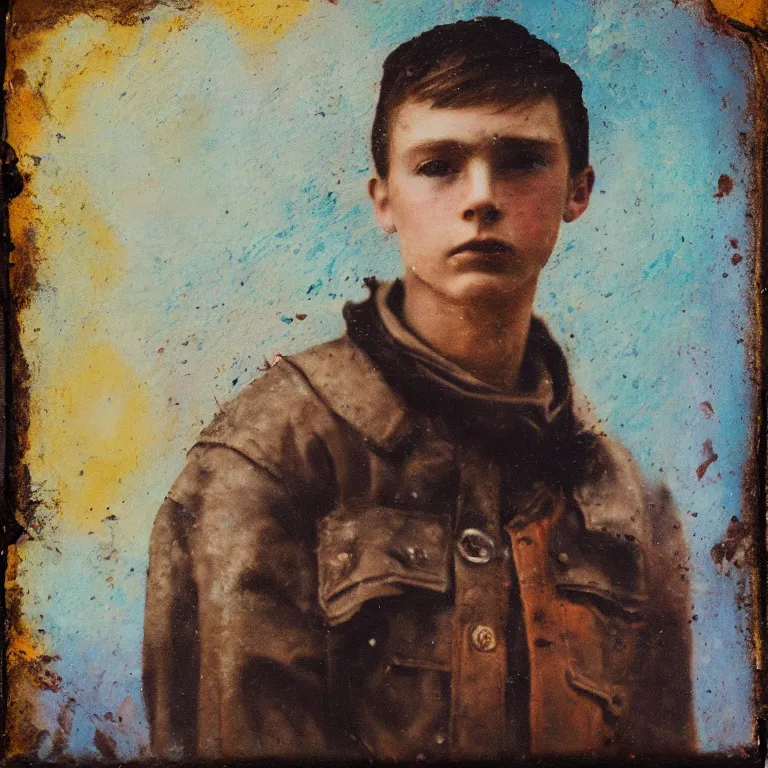 Image similar to Antique tintype of Beautiful warmly lit close up expressionistic studio portrait of young teenage Captain America frowning severely, impasto oil painting heavy brushstrokes by Cy Twombly and Anselm Kiefer , trending on artstation dramatic lighting abstract Expressionism