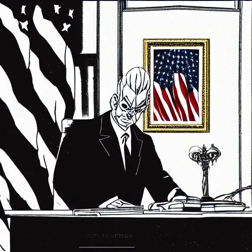 Prompt: president griffith from berserk by kentaro miura sitting at white house desk with american flag at his side