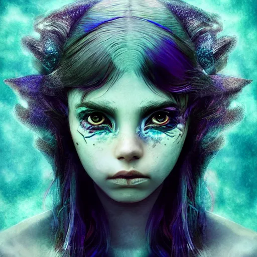 Image similar to portrait of young girl half dragon half human, dragon girl, dragon skin, dragon eyes, dragon crown, blue hair, long hair, highly detailed, cinematic lighting, by Guillermo del toro, by Tim Burton