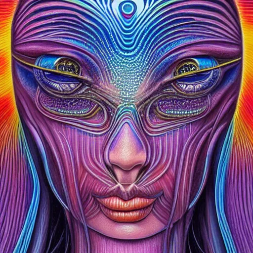 Image similar to a hyper realistic painting of an alien princess, metal headdress, by alex grey, highly detailed, vivid color,