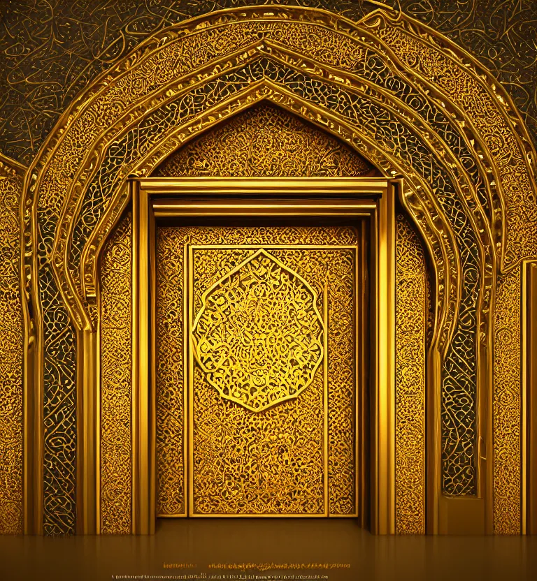 Prompt: an islamic style ornamental gate into other dimension, gold, ornament, intarsia, portal, doorway, dynamic lighting, ambient lighting, atmospherical, photorealistic fantasy concept art, trending on art station, stunning visuals, creative, cinematic, ultra detailed
