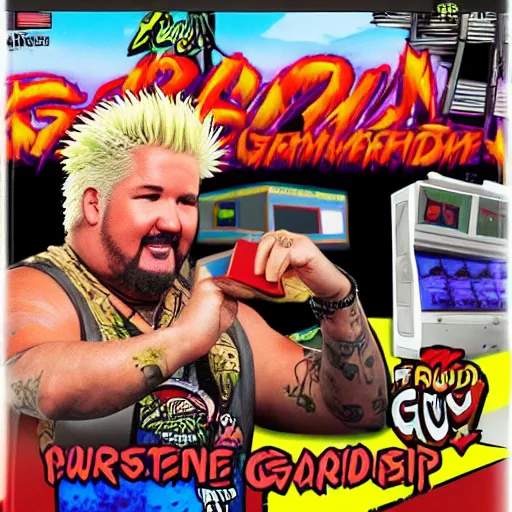 Image similar to guy fieri : backyard wrestling the video game 1 9 8 9 special tournament edition plus alpha arcade cabinet, game case, box art