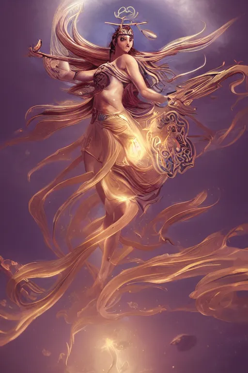 Image similar to goddess athena dancing in the wind, zodiac knight, beautiful, ethereal, gorgeous, volumetric lighting, elegant, fluid, highly detailed, digital painting, concept art, highly detailed, smooth, illustration, limited color palette, atmosphere and tension, trending on artstation