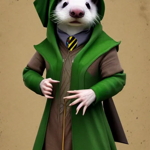 Image similar to a anthropomorphic ferret is dressed as a hogwarts student in slytherin robes, hyperdetailed, artstation, cgsociety, 8 k