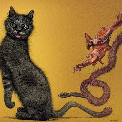 Prompt: a cute kitten, fluid, smooth, organic, crazy, bright, colours, high contrast, sharpness, dramatic, very detailed, intricate, by giger and corben and moebius and beksinski and bosch and bacon