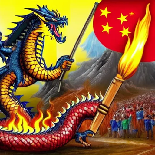 Image similar to Chinese president, bananas weapon, dragon, fight, flaming mountain, painting, epic