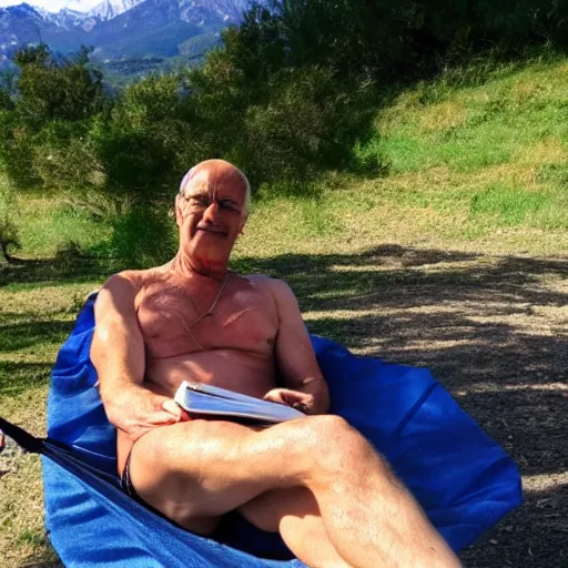 Image similar to my older italian wise friend on a hammock, reading new book, gravity is strong, he is very relaxed, muscular legs, mountains in a background