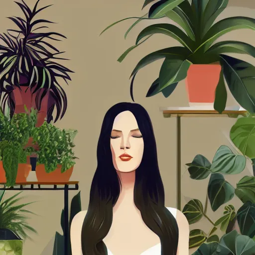 Prompt: a room full of beautiful house plants and a pretty woman with pale skin, long black hair, abstract, beautiful digital art trending on artstation