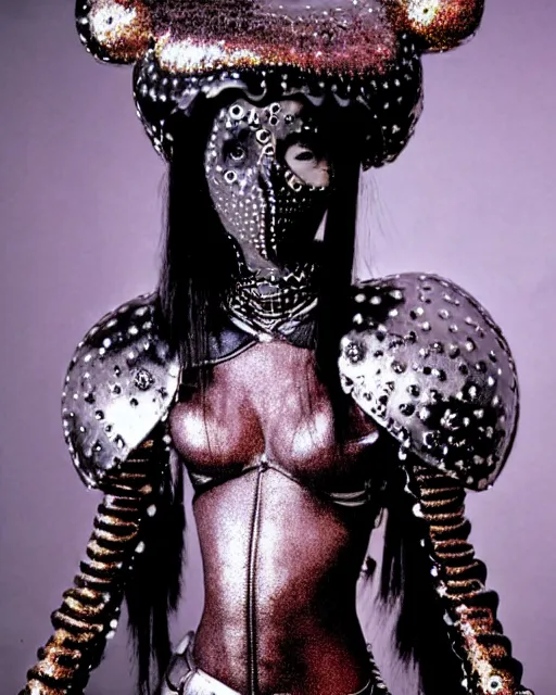 Prompt: portrait of a skinny punk goth yayoi kusama wearing armor by simon bisley, john blance, frank frazetta, fantasy, thief warrior, sparkles glitter