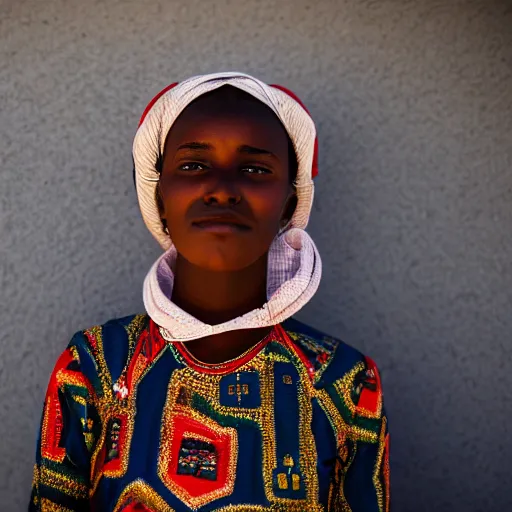 Prompt: A straight-on close-up head and shoulders photo of a 14-year-old Sudanese girl wearing a traditional dress, optimistic about the future, sunset reflecting in her eyes, wearing an almost-invisible NASA space suit helmet that is barely visible to us, 4K 85mm f/2