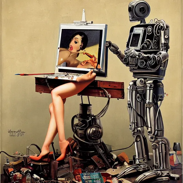 Image similar to robot artist painting a self - portrait on a canvas. intricate, highly detailed, digital matte painting in the style of gil elvgren and in the style of alexandria pyromallis. irony, recursion, inspiration.