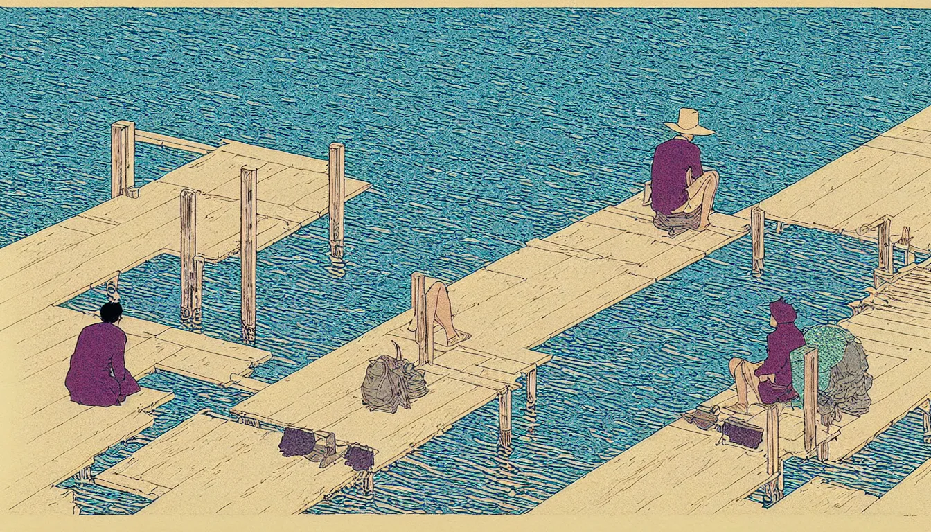 Image similar to sitting at the end of the dock by woodblock print, moebius