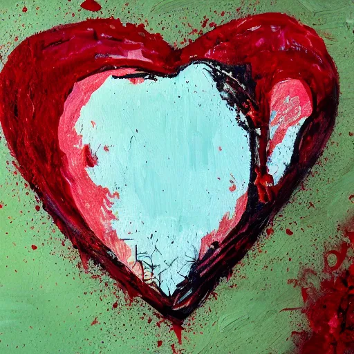 Prompt: a messy painting of a heart broken into smithereens