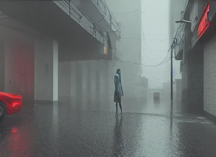 Image similar to rgb, woman, parking lot, rain!!!!, cinematic, movie scene, inspired by zdzislaw beksinski, clothes made out of veins,, cables everywhere, bedroom, ultra realistic, concept art, intricate details, highly detailed, photorealistic, octane render, 8 k