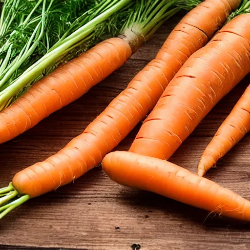 Prompt: photo a few carrots on a table