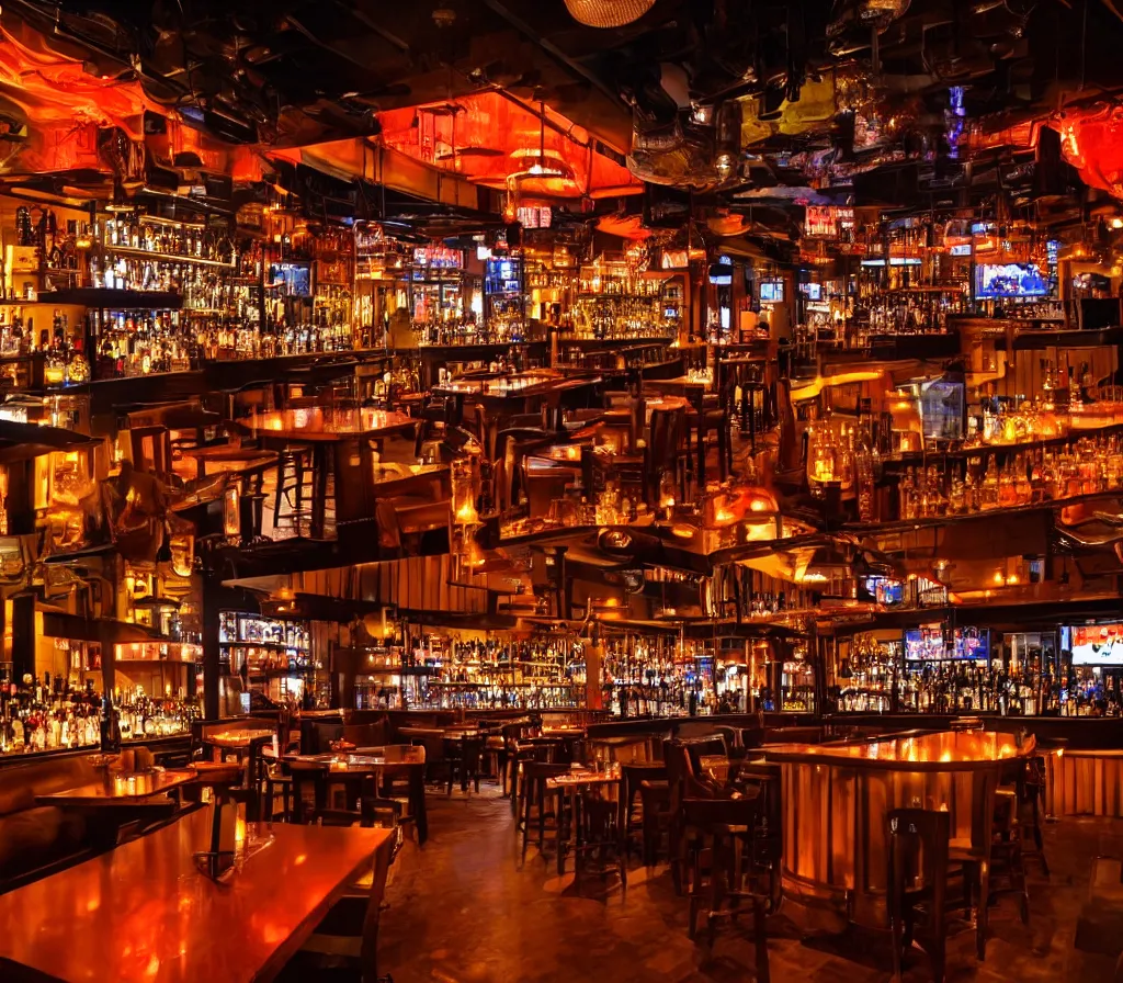 Prompt: a full shot of an entire bar restaurant with orange lighting, nighttime