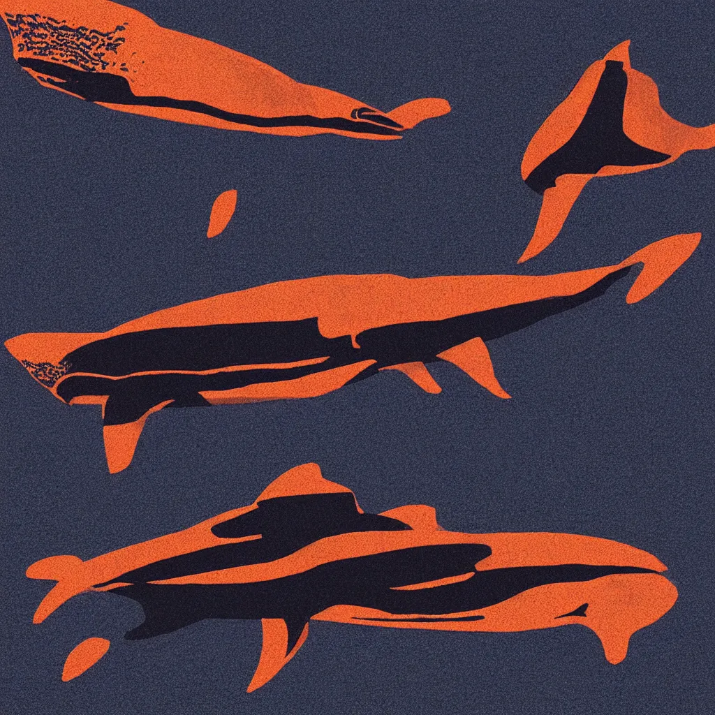 Prompt: flying whale, film noir, stippled light, dramatic lighting, editorial illustration, detailed, fine texture, matte print, art deco, brutalism, dark blue + dark orange, red, black, ( ( habitat 6 7 background ) )