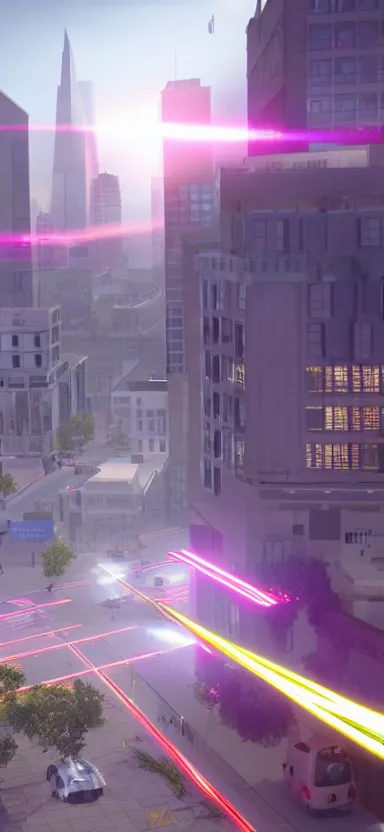 Image similar to unreal engine 5 render of a happy city during the day with lasers coming out of the clouds, digital art ”