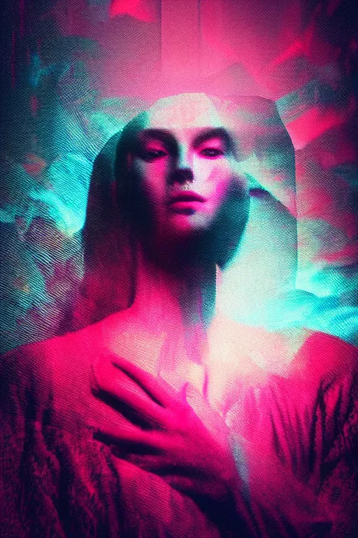 Prompt: creepy unsetting dramatic portrait, vaporwave, synthwave, ambient, retro, futurism, pixel sorting, glitch art, abstract art