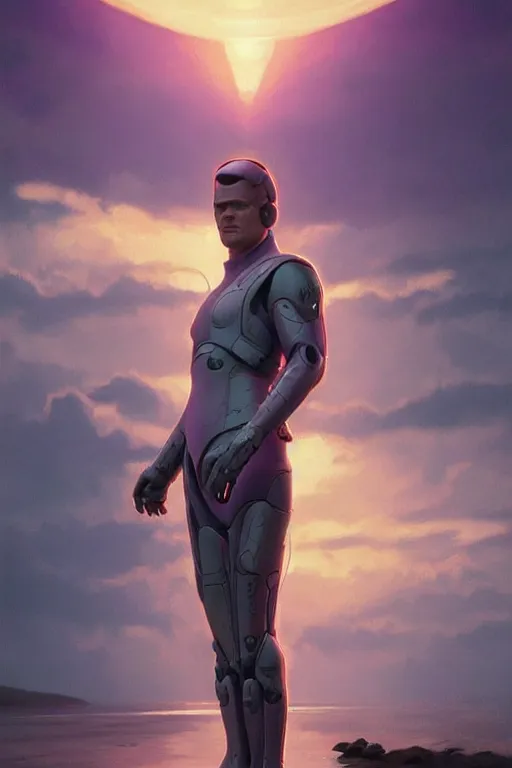 Image similar to matt damon robotic clothes in the beach purple sun, pink lighting ultra realistic photorealistic highly detailed high quality, a stunningly, digital painting, artstation, concept art, smooth, sharp focus, illustration, art by artgerm and greg rutkowski and alphonse mucha 8 k