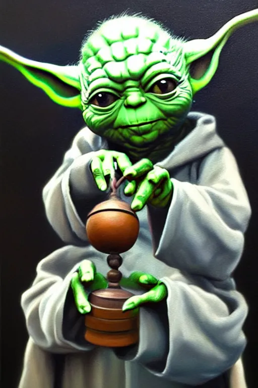 Image similar to old oil painting of a yoda holding a round bell, trending on artstation